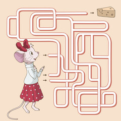 Labyrinth. Maze game for kids. Help cute cartoon mouse girl find path to a cheese. Vector illustration. Red and yellow colors.