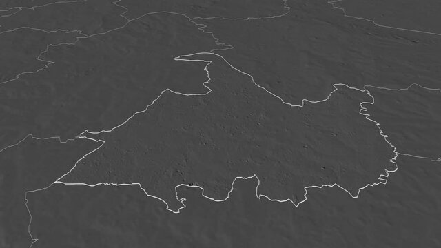 Solihull, unitary authority with its capital, zoomed and extruded on the bilevel map of England in the conformal Stereographic projection. Animation 3D