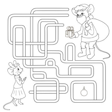Labyrinth. Maze game for kids. Help Santa Claus mouse gives a present to a mouse girl. Find path to girl. White and black vector illustration for coloring book.