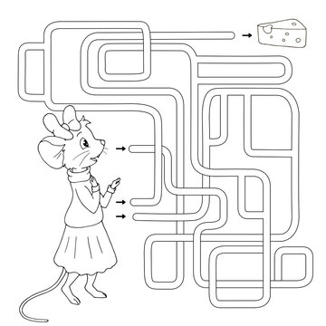 Labyrinth. Maze game for kids. Help cute cartoon mouse girl find path to a cheese. White and black vector illustration for coloring book.