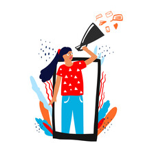 Vector flat illustration of a girl shouting into a megaphone. Girl blogger tells information to society. Working at home as a blogger. Network marketing.
