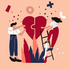 Vector flat illustration on the theme of love. A man and a woman create a family. Puzzle heart. the girl on the stairs. A man and a woman fit together like puzzles.