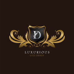 Golden D Logo Luxurious Shield, creative vector design concept for luxury brand identity.