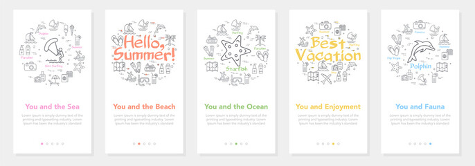 Fototapeta na wymiar Vertical vector summer five banners - hello summer and best vacation