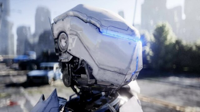 Military robot in destroyed city. Future apocalypse concept. Realistic 4k animation.