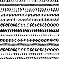 Seamless pattern with hand drawn doodles. Ink illustration. Calligraphic warm up. Decorative ornament for wrapping paper. Monochrome background.