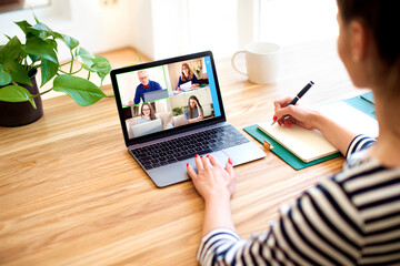 Back view of businesswoman talking to her colleagues about business plan in video conference