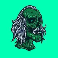 Vector illustration of Creepy Green Zombie Head with white hair on the Blue Background. Hand-drawn illustration for mascot sport logo badge label poster emblem patch t-shirt icon printing. Vector Logo