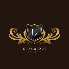 Golden L Logo Luxurious Shield, creative vector design concept for luxury brand identity.