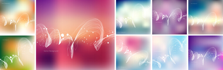 Big collection of vector backgrounds with blurred bokeh and dynamic wave swirls