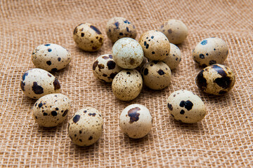 Food: group of quail eggs isolated on burlap