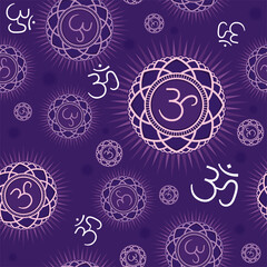Seamless repeat pattern with primary chakra Sahasrara - symbol of energy center of human body, used in Hinduism, Buddhism, Yoga and Ayurveda. Vector.