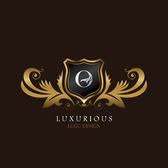 Golden O Logo Luxurious Shield, creative vector design concept for luxury brand identity.