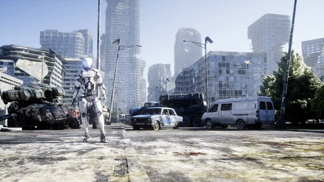 Military robot in destroyed city. Future apocalypse concept. Realistic 4k animation.