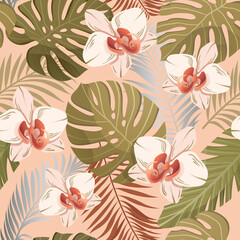 Seamless vintage style pattern of exotic plants with tropical vegetation and orchids in square format for print, wallpaper and textiles, colored vector illustration