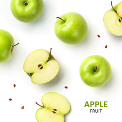 Fresh green apples with seeds isolated on white background. Fruits pattern, top view, flat lay