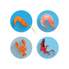 sea food flat icon set with shrimp, squid, cancer
