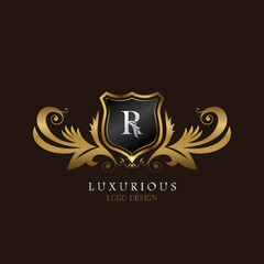 Golden R Logo Luxurious Shield, creative vector design concept for luxury brand identity.