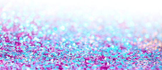 Ultraviolet glitter shine dots confetti. Abstract light blur blink sparkle defocus horizontal...