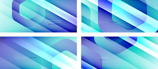 Set of hexagon geometric shapes and fluid gradients with 3d shadow and light straight lines, minimal abstract backgrounds