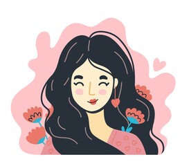 Portrait of woman in love with flowers around on a pink background. Hand-drawn character, face, head, avatar. Vector isolated illustration.