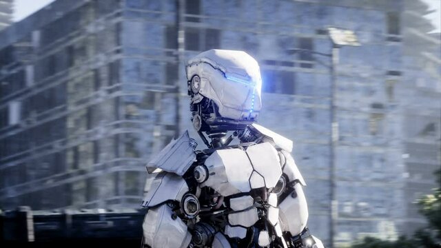 Military robot in destroyed city. Future apocalypse concept. Realistic 4k animation.