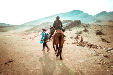 Naklejka premium Horse ride up towards Vinicunca (Winikunka) Rainbow Mountain in Peru