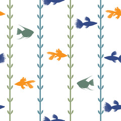 Seamless vector pattern with algae and colorful fish on a white background.