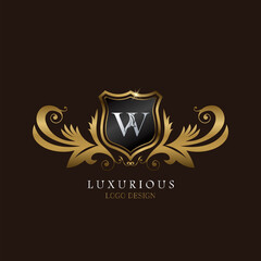 Golden W Logo Luxurious Shield, creative vector design concept for luxury brand identity.
