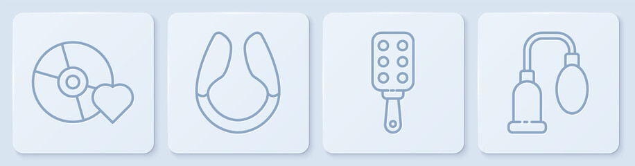 Set line Adult label on compact disc, Spanking paddle, Dildo vibrator and Penis pump. White square button. Vector...