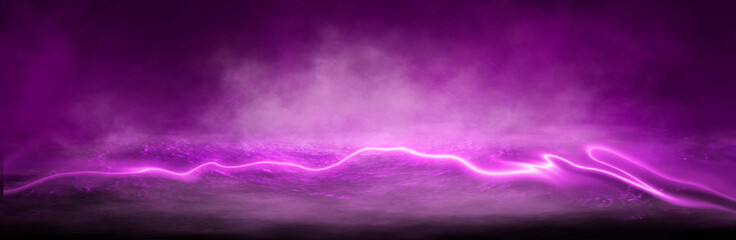 Empty futuristic dramatic scene. Abstract dark landscape, street. Neon light fluid element. Night view, neon purple light. Fantasy background. 3D illustration
