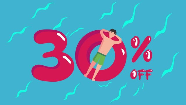 Young man lying on 30 percent sale discount sign