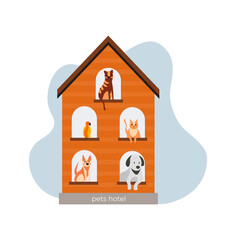 Hotel for pets filled with dogs, cat, parrot. Dogs and cats stay in hotel for pet. Modern flat cartoon style. Vector illustration on white background