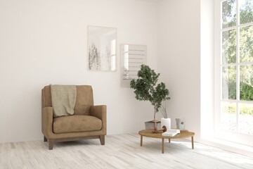 Obraz premium White living room with armchair. Scandinavian interior design. 3D illustration