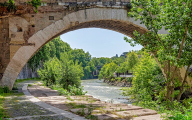 Fototapeta na wymiar trees and plants near a perfect arch of an ancient bridge over Tiber river, Rome Italy