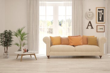 White living room with sofa. Scandinavian interior design. 3D illustration