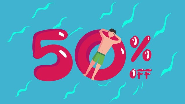 Young man lying on 50 percent sale discount sign