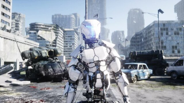 Military robot in destroyed city. Future apocalypse concept. Realistic 4k animation.