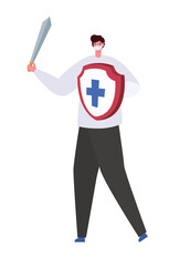 Man with mask sword and shield with cross design of Fight covid 19 virus and stop spread theme Vector illustration