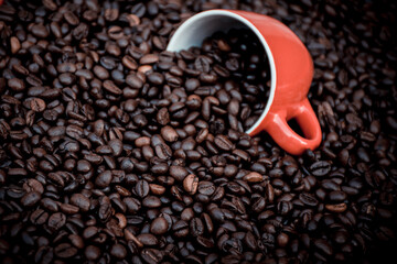 red coffee cup filled and surrounded by black coffee beans