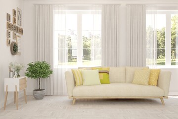White living room with sofa and summer landscape in window. Scandinavian interior design. 3D illustration