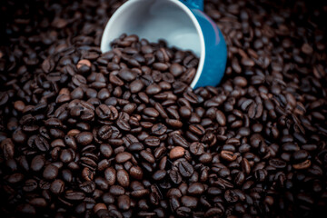 blue coffee cup filled with black coffee beans and surrounded by them