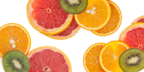 Citrus fruits orange grapefruit lemon and kiwi isolated on white background