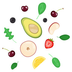 flat design healthy eating and fresh diet ingredient concept illustration decoration flat lay top view isolated on white background. strawberry,tomato, cherry, avocado, apple,blueberry,lemon.