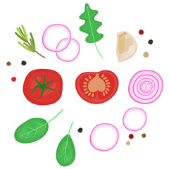 flat design healthy eating and fresh diet ingredient concept illustration decoration flat lay top view isolated on white background. Herb and spice, tomato,onion, garlic,pepper, 