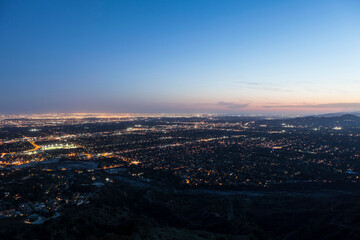 Dusk mountaintop view of Los Angeles, Pasadena and Glendale in Southern California.