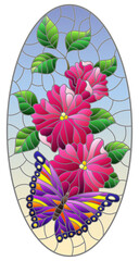 Illustration in stained glass style with a bright purple butterfly on a pink flowers, oval image on a blue background