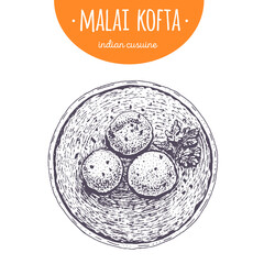 Malai kofta top view vector illustration. Indian cuisine. Linear graphic.