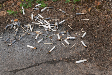 There are a lot of cigarette butts on the ground, copy space
