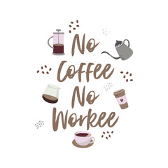 No coffee, no workee. A flat vector illustration of the lettering on an office sign means that without coffee you will not get any work. Coffee theme. Motivational quote. Scandinavian style.